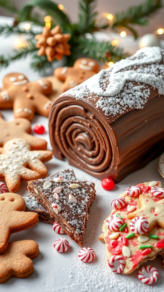 A festive display of Christmas desserts including gingerbread cookies, chocolate yule log, and peppermint bark on a decorated table.